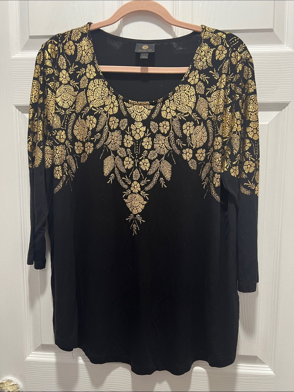 JM Collection Black Tunic with Gold Floral Foil